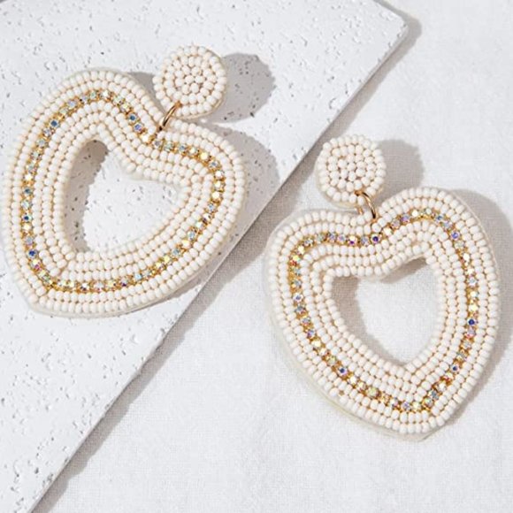 2.5" Handmade Large White Heart Beaded Earrings Beads & Rhinestones Handcrafted - Picture 3 of 6